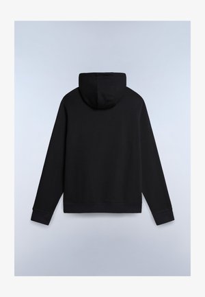Czarna bluza z kapturem z długim rękawem, pokazana od tyłu na gładkim jasnoszarym tle.
