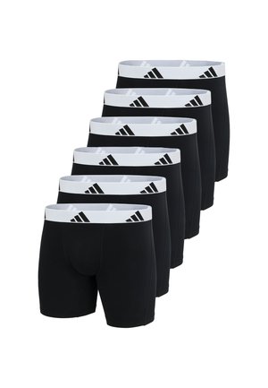 Sex par svarta idrottsboxer med vit elastisk midja, som har en svart Adidas-logotyp och en slät tygkvalitet.