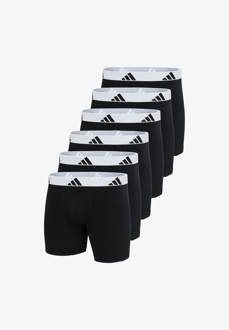 Six paires de boxers de sport noirs avec une ceinture élastique blanche, arborant un logo Adidas noir et une texture de tissu douce.