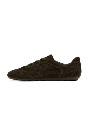 Black suede low-profile sneaker with lace-up front and textured rubber sole, shown from the outer side on a white background.