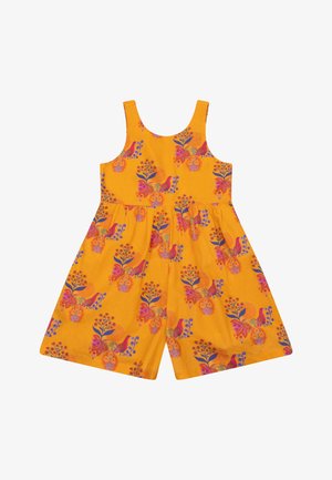 Fel oranje mouwloze jurk met brede broekspijpen, voorzien van een kleurrijke bloemen- en vogelprint in roze, paars en groene tinten.