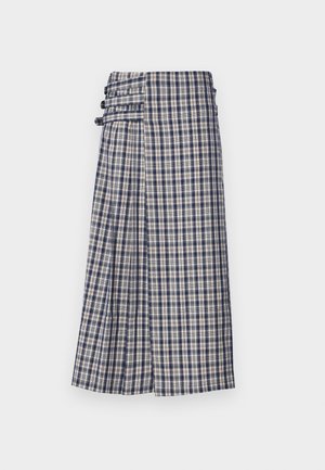 Polvasta polveni pituinen, pleidattu hame sinivalkoisessa ruutukuviossa, jossa on sivukiinnitys, jossa on kiertävät yksityiskohdat. Valmistettu kevyestä kankaasta.