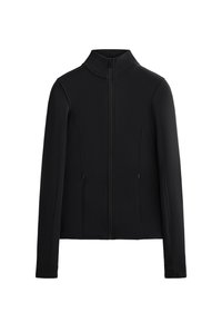Giacca nera realizzata in tessuto liscio e elastico. Presenta un colletto alto, una zip frontale completa e due tasche laterali con zip. Maniche lunghe.