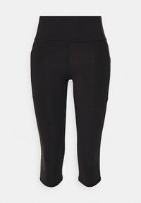 Czarne krótkie legginsy z wysokim pasem, wykonane z elastycznego materiału, z płaskimi szwami i gładką teksturą.