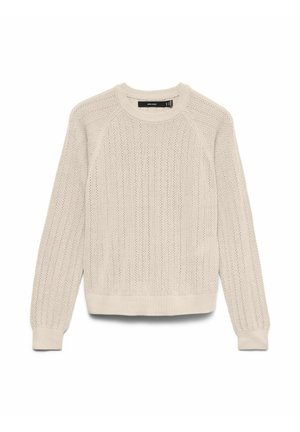 Suéter de punto beige con mangas largas, cuello redondo y patrón vertical calado, colocado plano sobre un fondo blanco.