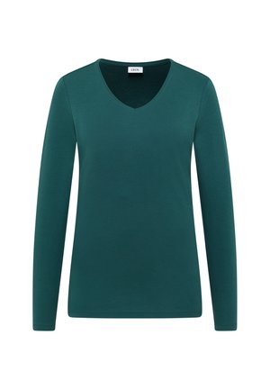 Langærmet top med V-hals i mørk teal. Glat, strækbart stof med en jævn tekstur. Uden mønstre eller accenter. Standard pasform.