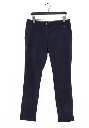 Pantalon bleu marine en tissu léger avec une coupe slim. Comprend des poches frontales et un motif décoratif à l'intérieur à la taille.
