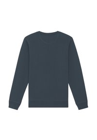 Sweatshirt bleu foncé à col rond, manches longues et poignets côtelés. Texture de tissu douce ; détails de couture minimaux.