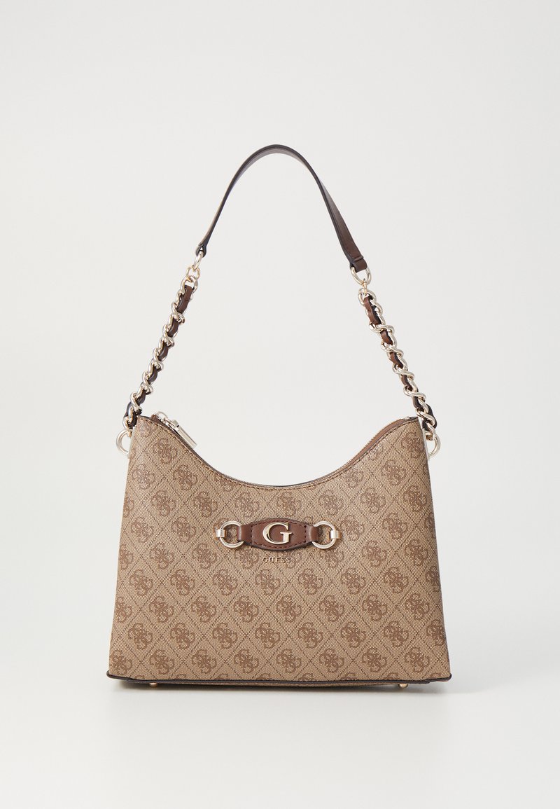 Ruskea kuvioitu käsilaukku, jossa on kaareva siluetti, kultaiset yksityiskohdat, ruskea ketjuhihna ja ruskea logoelementti edessä.