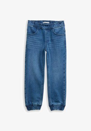 Pantaloni jogger in denim blu con gamba affusolata, cintura elastica e due tasche frontali. Presentano una texture liscia e un design casual.