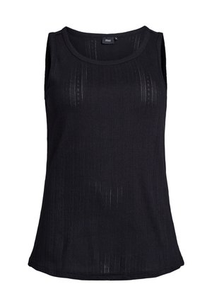 Haut sans manches noir en tissu côtelé, avec un col rond et des rayures verticales, présentant des détails de texture subtils.