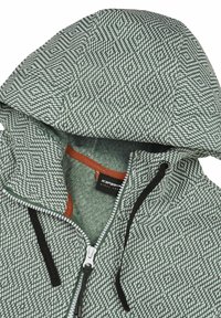 Felpa con zip verde e bianca a motivo, con cappuccio, dotata di foderatura in pile, dettagli arancioni a contrasto e lacci neri.