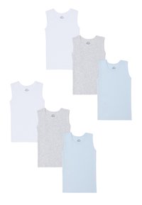 Vier tanktops in wit, grijs en lichtblauw. Katoenen materiaal, met ronde hals, effen kleuren en zonder zichtbare patronen of graphics.