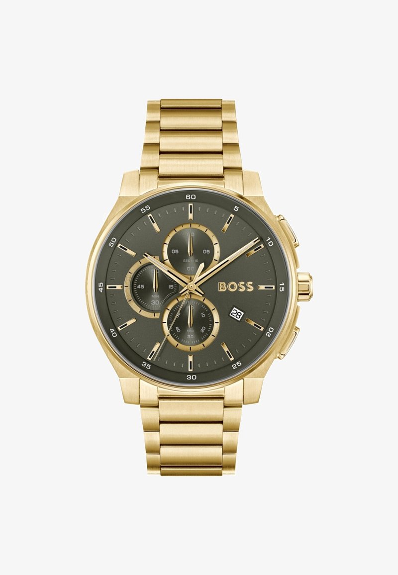 Gold-tone stainless steel watch with a dark green dial, chronograph sub-dials, and date display. Link bracelet with a polished finish.