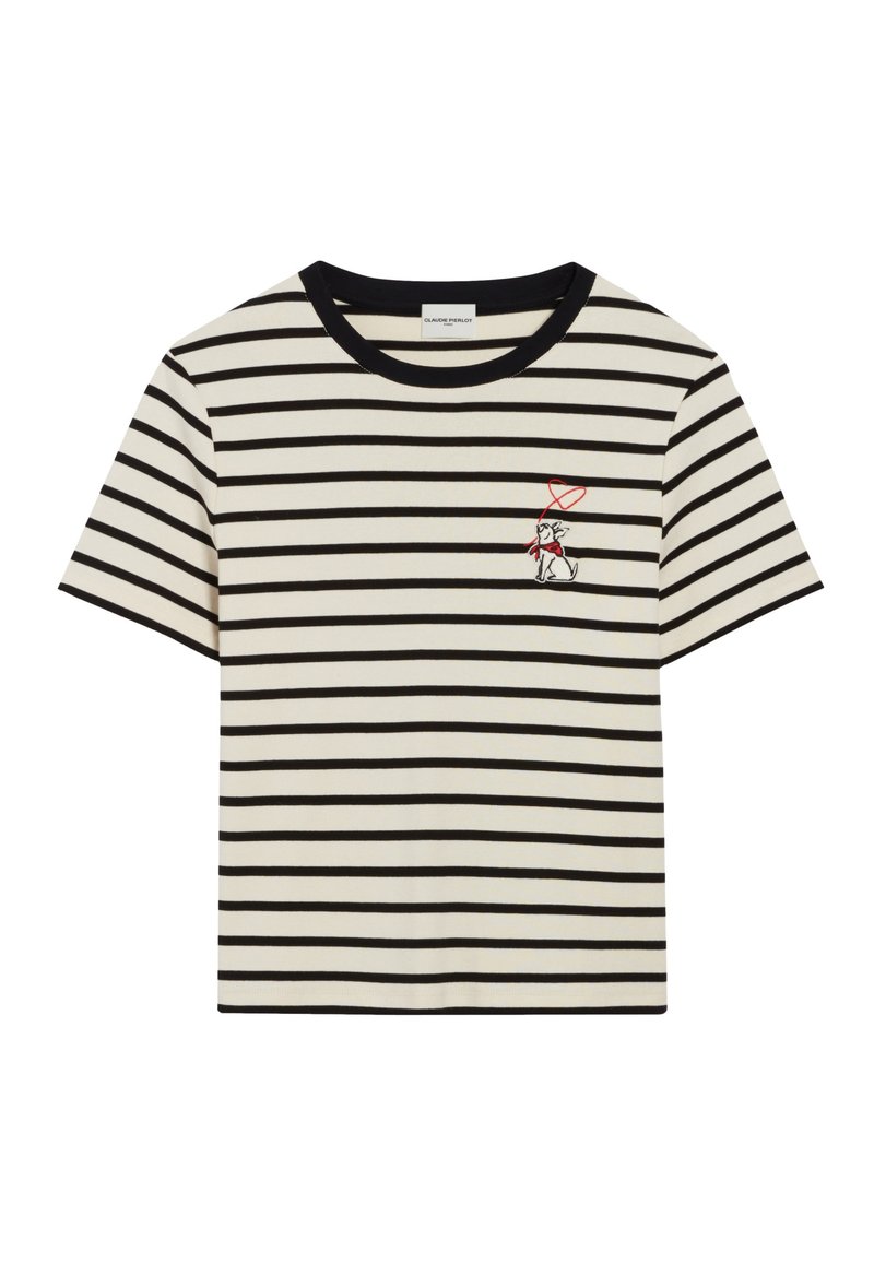 Biała koszulka z krótkim rękawem w czarne poziome paski, czarny kołnierzyk oraz mały haftowany piesek z czerwoną chustką i sercem na piersi.