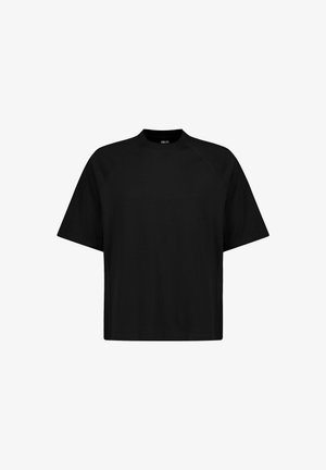 Black oversized short-sleeve T-shirt with crew neck and visible stitching on shoulders, presented on a white background.