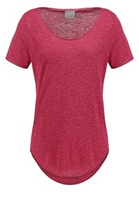 Kortærmet, rødt meleret t-shirt til kvinder med rundet halsudskæring og buet kant.