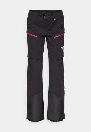 Schwarze Outdoor-Hosen mit pinken Reißverschlussakzenten, einem belüfteten Bund und verstärkten schwarzen Unterbeinen. Verfügt über Cargo-Taschen für zusätzliche Funktionalität.