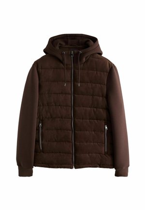 Brown hooded jacket with quilted front, full zipper closure, drawstrings on hood, smooth fabric sleeves, and zippered side pockets.