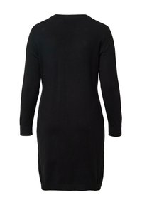 Langärmliges schwarzes Strickkleid in knielanger Länge mit rundem Ausschnitt, von hinten auf weißem Hintergrund gezeigt.