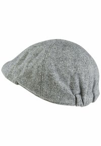 Grau flache Kappe aus strukturiertem Stoff, mit runder Form, kleinem Schild und gerafftem Detail hinten für Flexibilität.