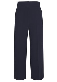 Marina vida byxor med vida ben gjorda av slät tyg. Har en hög midja och veckdetaljer som går ner längs framsidan av båda benen.