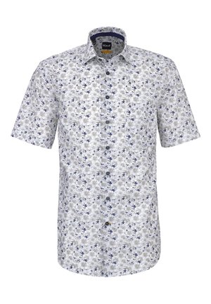 Camicia a maniche corte con bottoni, base bianca e motivo floreale grigio e blu navy, colletto a punta e bottoni scuri sul davanti.