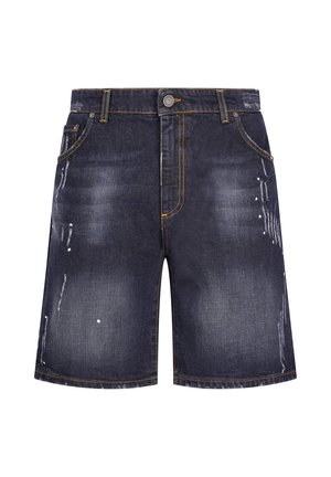 Tmavě modré džínové šortky s vybledlými a opotřebovanými detaily, předním zapínáním na knoflík, zipem, poutky na opasek a pětikapsovým stylem.