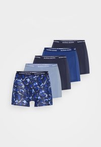 Five pairs of Björn Borg boxer shorts in blue tones. Features solid colors and a blue camo pattern. Soft fabric and elastic waistband.