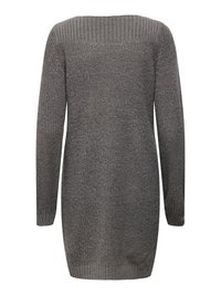Robe-pull longue en maille grise avec manches longues et poignets, ourlet et encolure côtelés, vue de dos sur fond blanc.