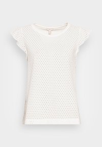 Witte korte mouw t-shirt met gerimpelde rand, met een stippenpatroon en een ronde halslijn, gemaakt van lichte stof.