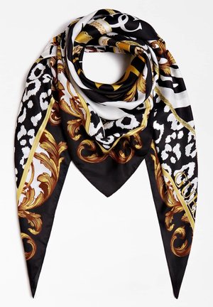 Écharpe à motifs noirs, blancs et dorés avec imprimé animalier et volutes de style baroque, pliée en forme triangulaire drapée.