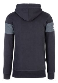 Hooded sweatshirt in dark navy fabric with gray striped accents on shoulders. Features ribbed cuffs and hem, smooth texture, and no visible logos.
