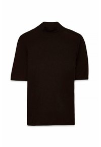 Black, short-sleeve turtleneck shirt made of lightweight material with a fitted design and seamless shoulders. Smooth texture, minimalist style.