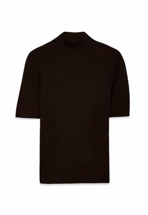 Black, short-sleeve turtleneck shirt made of lightweight material with a fitted design and seamless shoulders. Smooth texture, minimalist style.