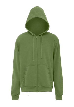 Zielona bluza z kapturem i zamkiem błyskawicznym, z przednimi kieszeniami i sznurkami przy kapturze, pokazana na białym tle.
