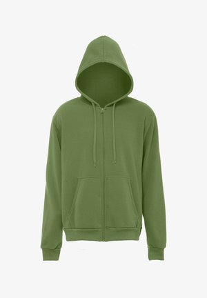 Felpa verde con cappuccio e zip, con tasche frontali e cordini sul cappuccio, mostrata su sfondo bianco.