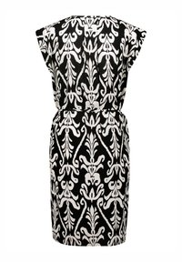 Schwarzes Kleid mit einem weißen Blumenmuster, kurzen Ärmeln, tailliertem Schnitt und knielanger Länge. Glatter, strukturiertes Gewebe mit modernem Design.