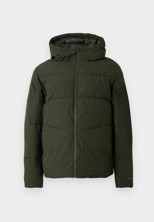 Dunkelgrüne, kapuzenlose Steppjacke mit einem Frontreißverschluss, horizontalem Steppmuster und verstärkten Bündchen. Leichtes, wasserabweisendes Material.