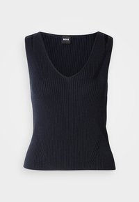 Débardeur noir en maille côtelée sans manches avec col en V et taille ajustée, avec une petite étiquette noire BOSS à l'intérieur de l'encolure.