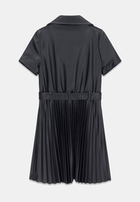 Black dress made of smooth fabric, featuring a collared neckline, belted waist, and a pleated skirt with even vertical folds.