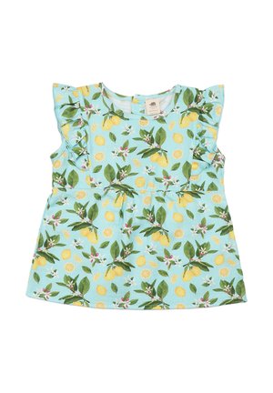 Toddler sleeveless dress with ruffled shoulders, light blue background, and yellow lemon and green leaf print.