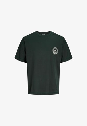 Dark green cotton t-shirt with short sleeves, round neckline, and a small, white emblem on the left chest area. Soft texture.