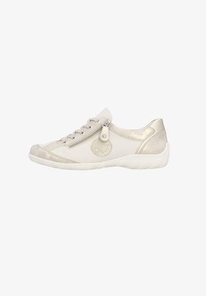 White casual shoes with metallic accents. Features a round toe, lace-up front, side zipper, and textured rubber outsole.