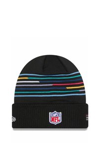 Cappello in maglia nera con un motivo a righe multicolore sulla parte superiore e una robusta fascia a coste. Presenta un logo NFL ricamato sul fronte.