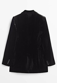Blazer en velours noir vu de dos avec manches longues et quatre boutons sur chaque poignet, présenté sur fond blanc.