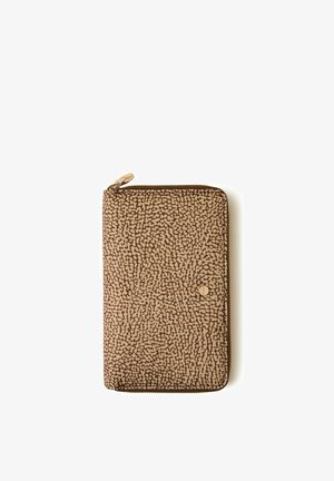 Brown zippered wallet with an abstract beige dotted pattern and a small round gold emblem on a white background.