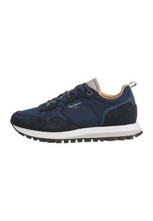Navy blue and black casual sneaker with white sole, lace-up front, and "Pepe Jeans London" logo on side, displayed on white background.