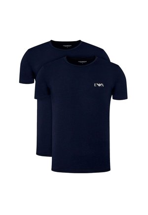 Due t-shirt blu navy a maniche corte con scollo rotondo, una tinta unita e una con un piccolo logo bianco "EVA" sul petto.