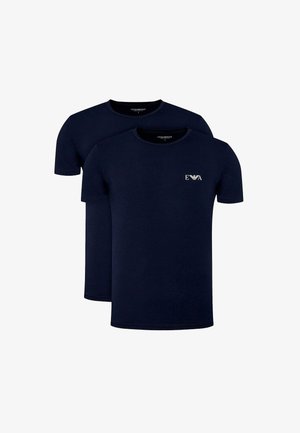 Due t-shirt blu navy a maniche corte con scollo rotondo, una tinta unita e una con un piccolo logo bianco "EVA" sul petto.